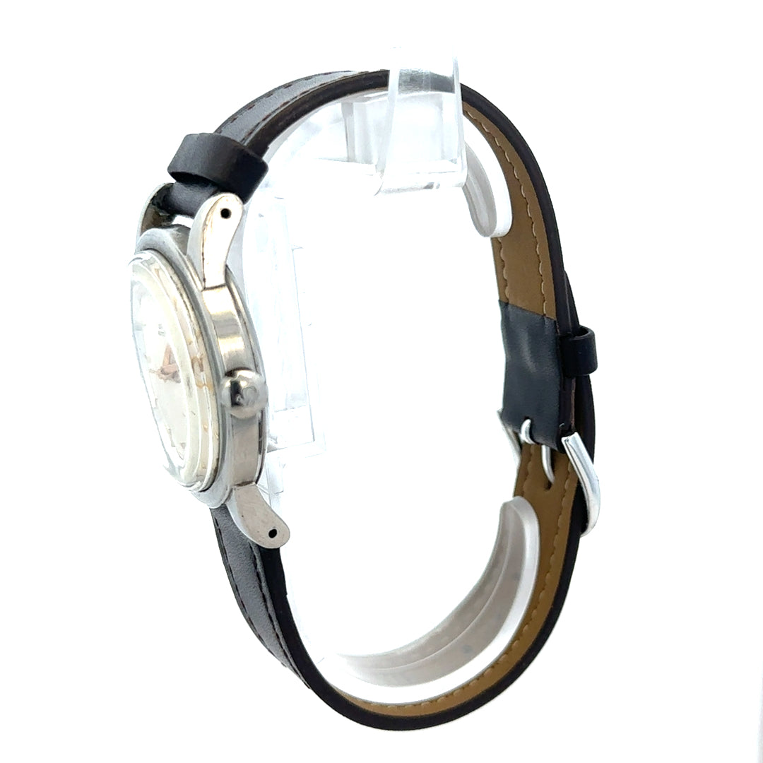 Unbranded Omega bumper automatic watch with round dial and silver case, featuring a classic design and metal bracelet.