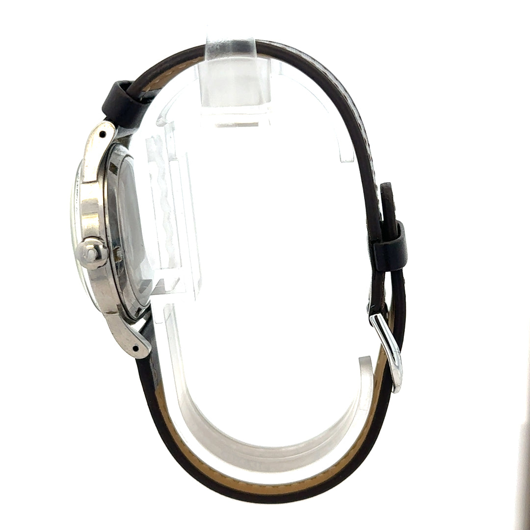 Unbranded Omega bumper automatic watch with round dial, silver case, and black leather strap, displayed on a neutral background.
