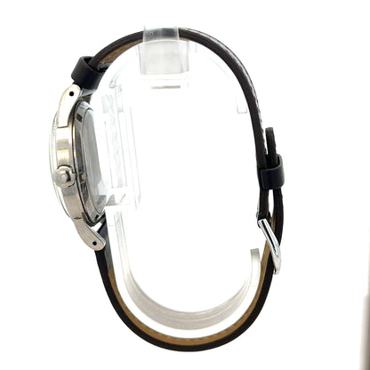 Unbranded Omega bumper automatic watch with round dial, silver case, and black leather strap, displayed on a neutral background.