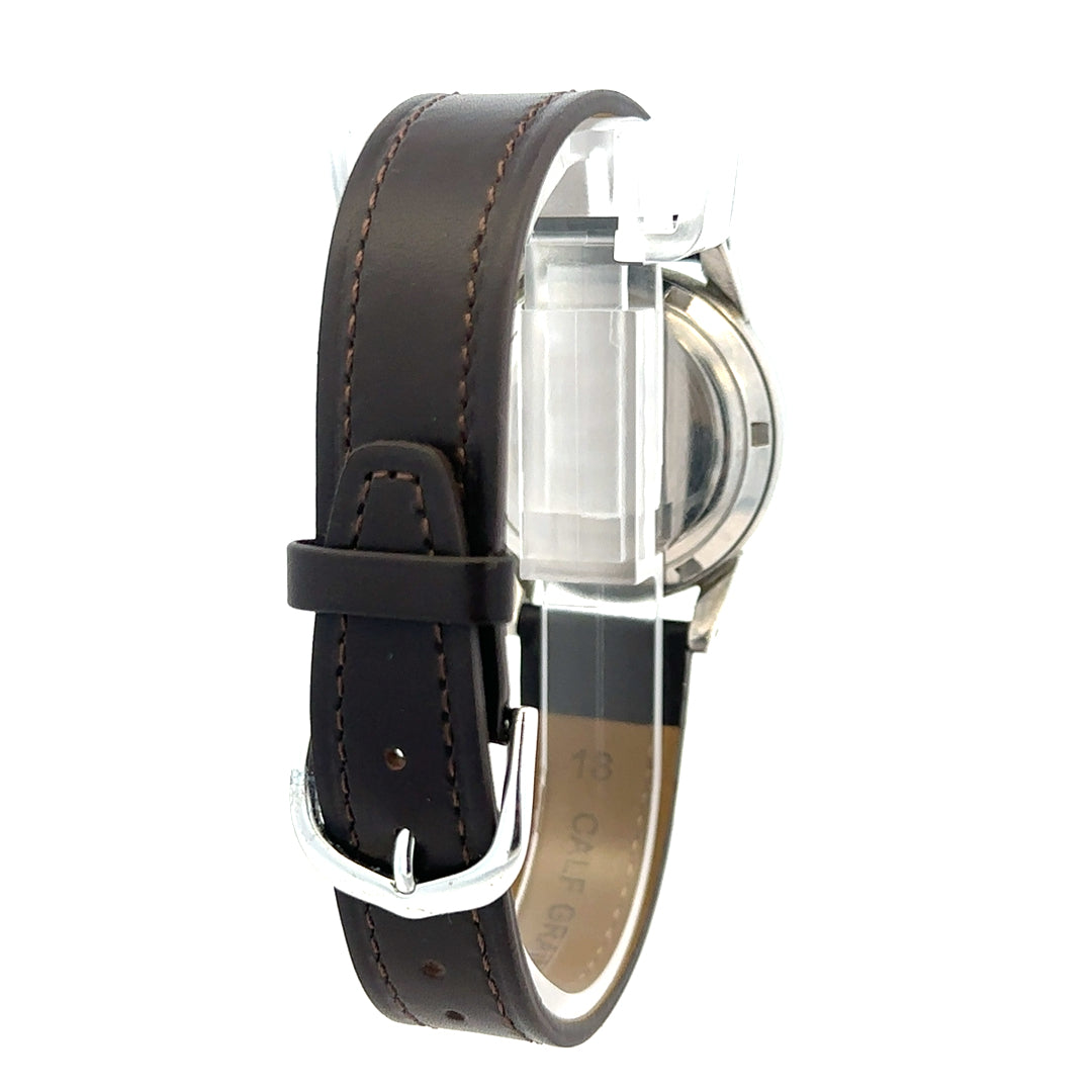 Unbranded Omega bumper automatic watch with round dial, metal case, and leather strap, showing the time on a classic watch face.