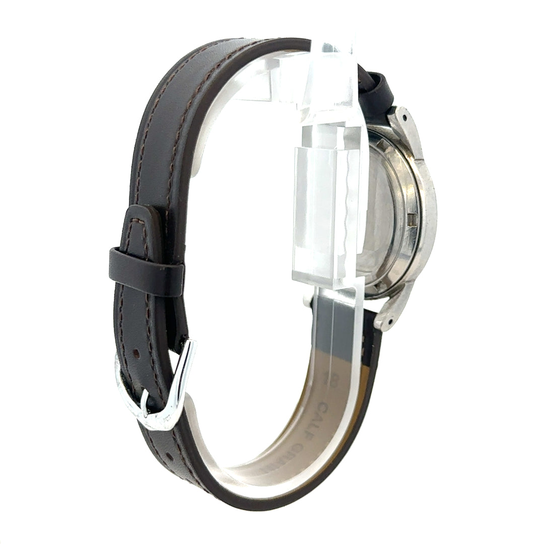 Unbranded Omega bumper automatic watch with silver dial, black leather strap, and classic design.