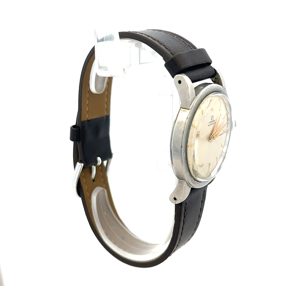Unbranded Omega bumper automatic watch with silver case and black leather strap, featuring a classic round dial and vintage style.