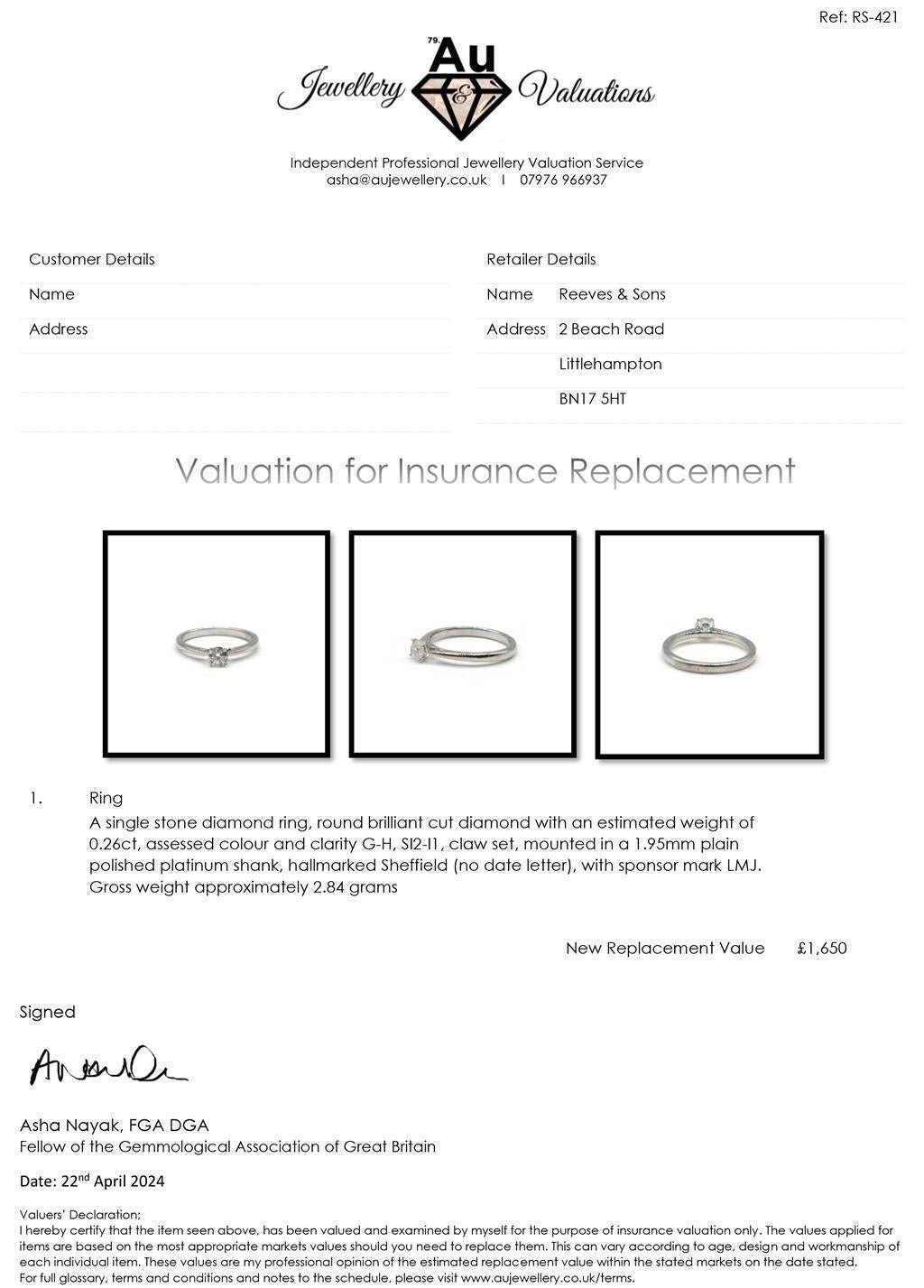 Platinum diamond solitaire ring with 0.26 carat round brilliant diamond, unbranded jewelry displayed on a white background.