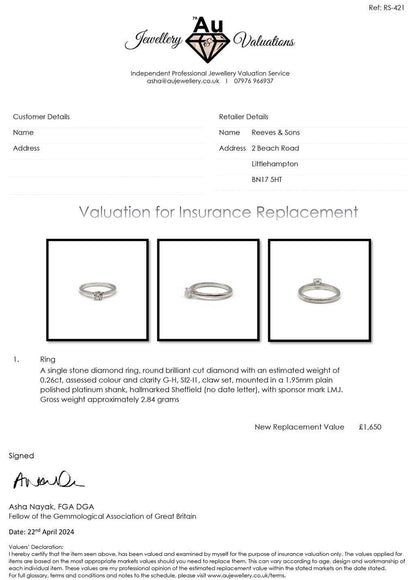 Platinum diamond solitaire ring with 0.26 carat round brilliant diamond, unbranded jewelry displayed on a white background.