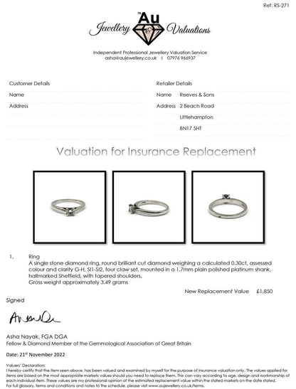 Platinum solitaire diamond ring with a 0.30 carat brilliant cut diamond, showcasing a sleek and elegant design.