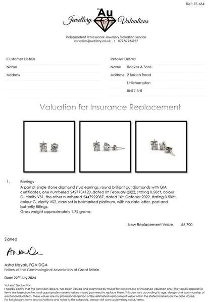 Platinum 1.00 carat GIA Certified diamond stud earrings with color G and clarity VS2, showcasing sparkling diamond studs.