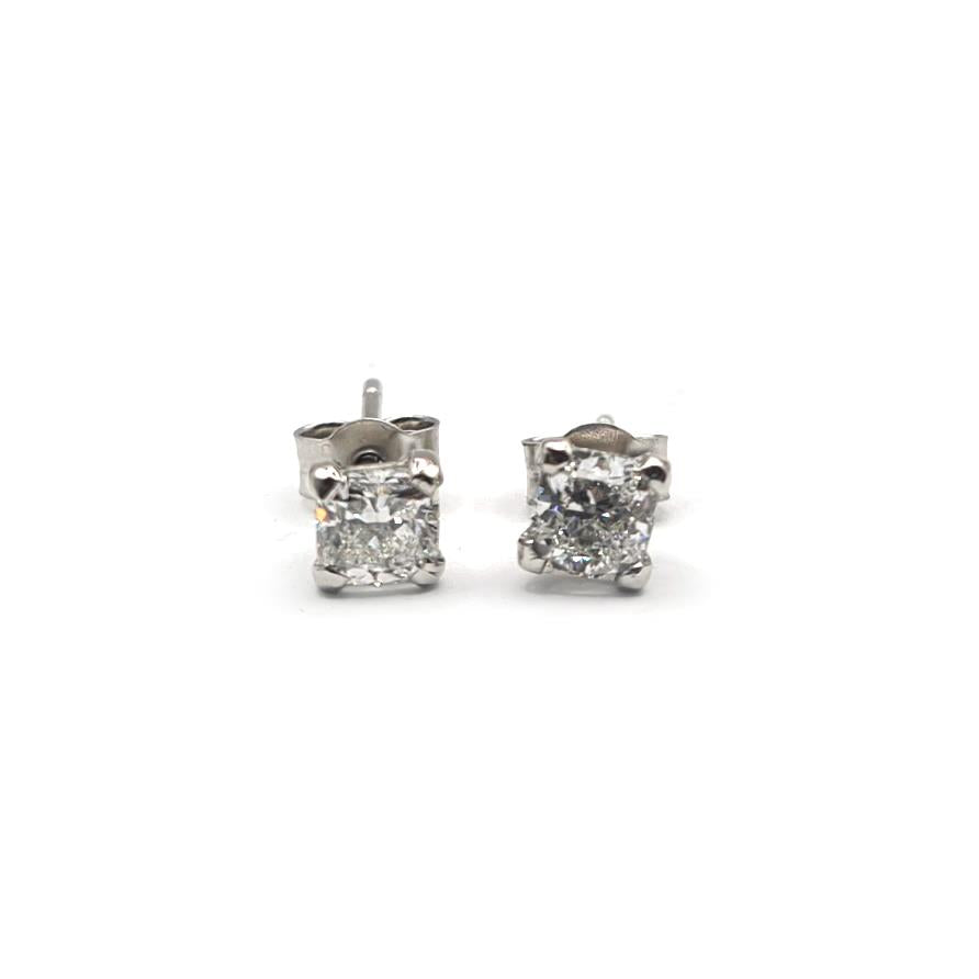 Unbranded platinum diamond stud earrings with 1.00 carat GIA certified diamonds, color G, clarity VS2, featuring round brilliant cuts.