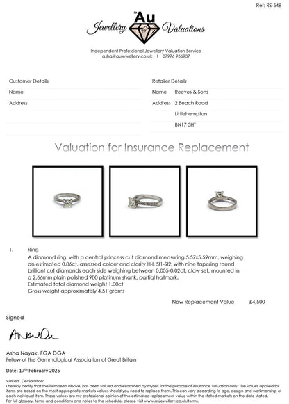 Platinum 1.00 carat princess cut diamond ring featuring a sleek band and a sparkling, square-shaped diamond setting.