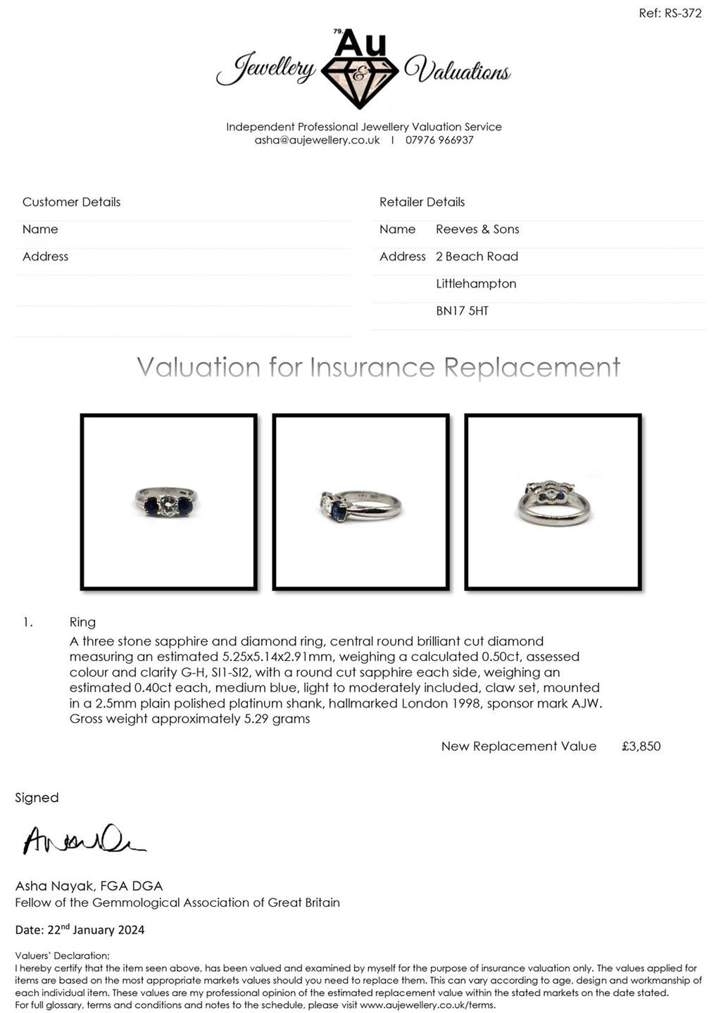 Platinum ring with 1/2 carat diamond and 0.80 carat sapphire, showcasing a sparkling gemstone design.
