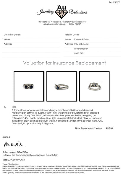 Platinum ring with 1/2 carat diamond and 0.80 carat sapphire, showcasing a sparkling gemstone design.