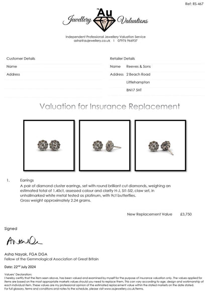 Platinum diamond stud earrings featuring 1.40 carats of sparkling diamonds, classic and elegant jewelry for women.