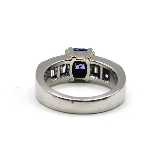 Platinum ring featuring a 1.79 carat tanzanite gemstone and 1.60 carat diamonds, elegant jewelry piece.