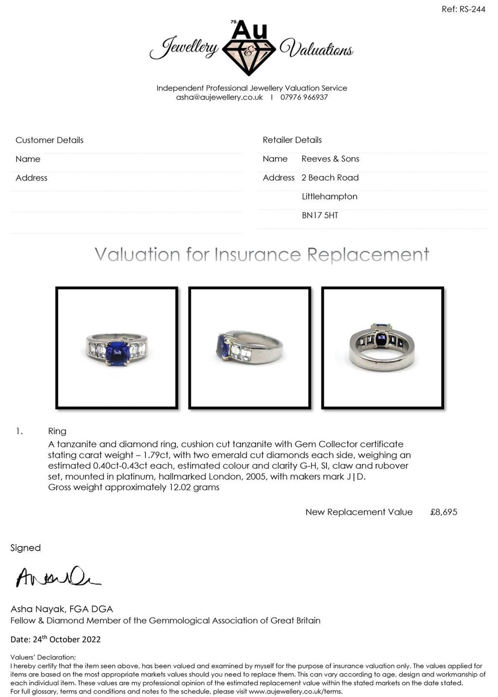 Platinum ring with 1.79 carat tanzanite center stone and 1.60 carat diamond accents, elegant and sparkling jewelry piece.