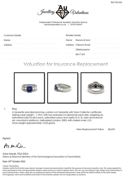 Platinum ring with 1.79 carat tanzanite center stone and 1.60 carat diamond accents, elegant and sparkling jewelry piece.