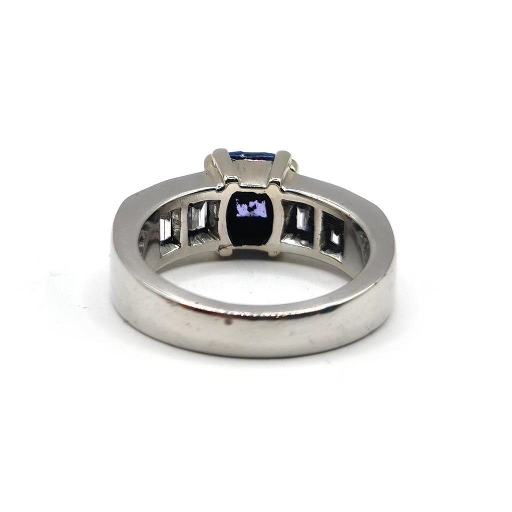 Platinum ring featuring a 1.79 carat tanzanite gemstone and 1.60 carat diamond accents, elegant jewelry piece.
