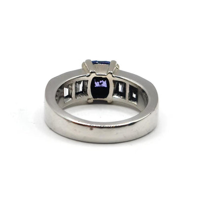 Platinum ring featuring a 1.79 carat tanzanite gemstone and 1.60 carat diamond accents, elegant jewelry piece.