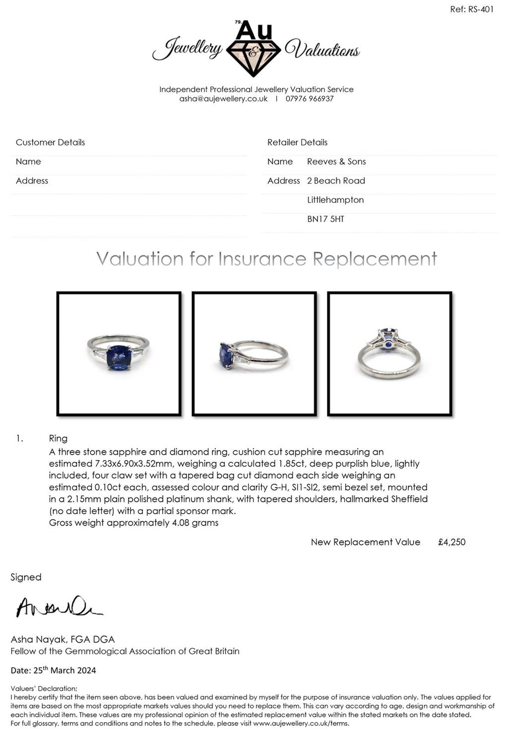 Platinum ring featuring a 1.85 carat sapphire center stone and 0.20 carat diamonds on a sleek band.