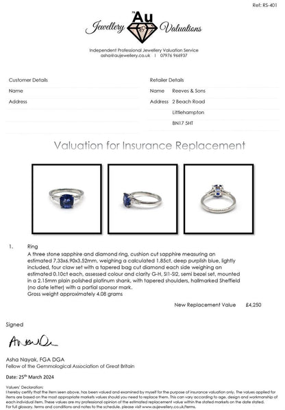 Platinum ring featuring a 1.85 carat sapphire center stone and 0.20 carat diamonds on a sleek band.