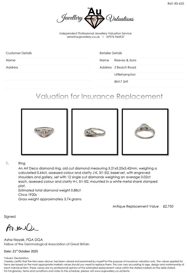 Platinum Art Deco diamond ring with intricate geometric design and sparkling diamonds, unbranded jewelry piece.