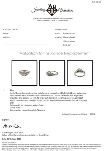 Platinum Art Deco diamond ring with intricate geometric design and sparkling diamonds, unbranded jewelry piece.