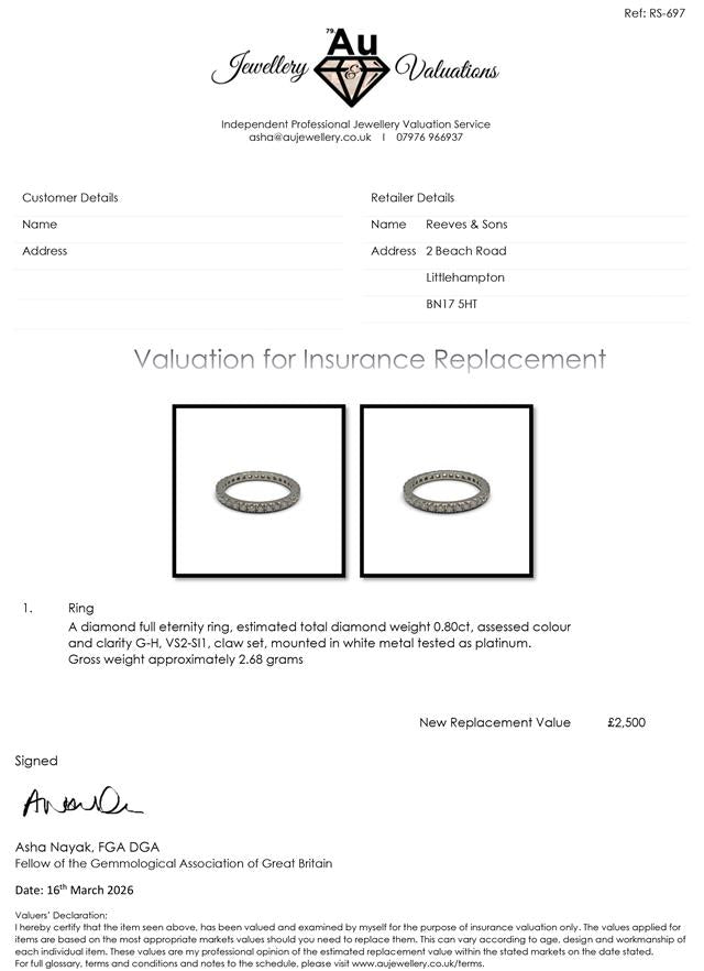 Platinum full diamond eternity ring with sparkling round-cut diamonds, unbranded jewelry design, elegant and timeless.