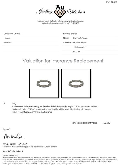 Platinum full diamond eternity ring with sparkling round-cut diamonds, unbranded jewelry design, elegant and timeless.