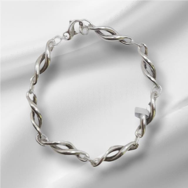 Silver bracelet, 19cm length and 14.4g weight, displayed on a neutral background, showcasing its sleek, metallic design.