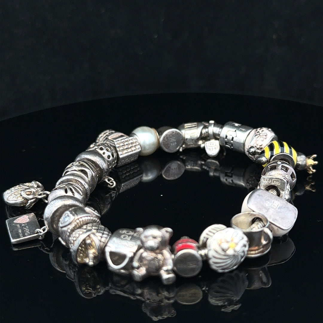 Silver charm bracelet with intricate detailing, featuring various charms, designed for stylish wear and everyday elegance.