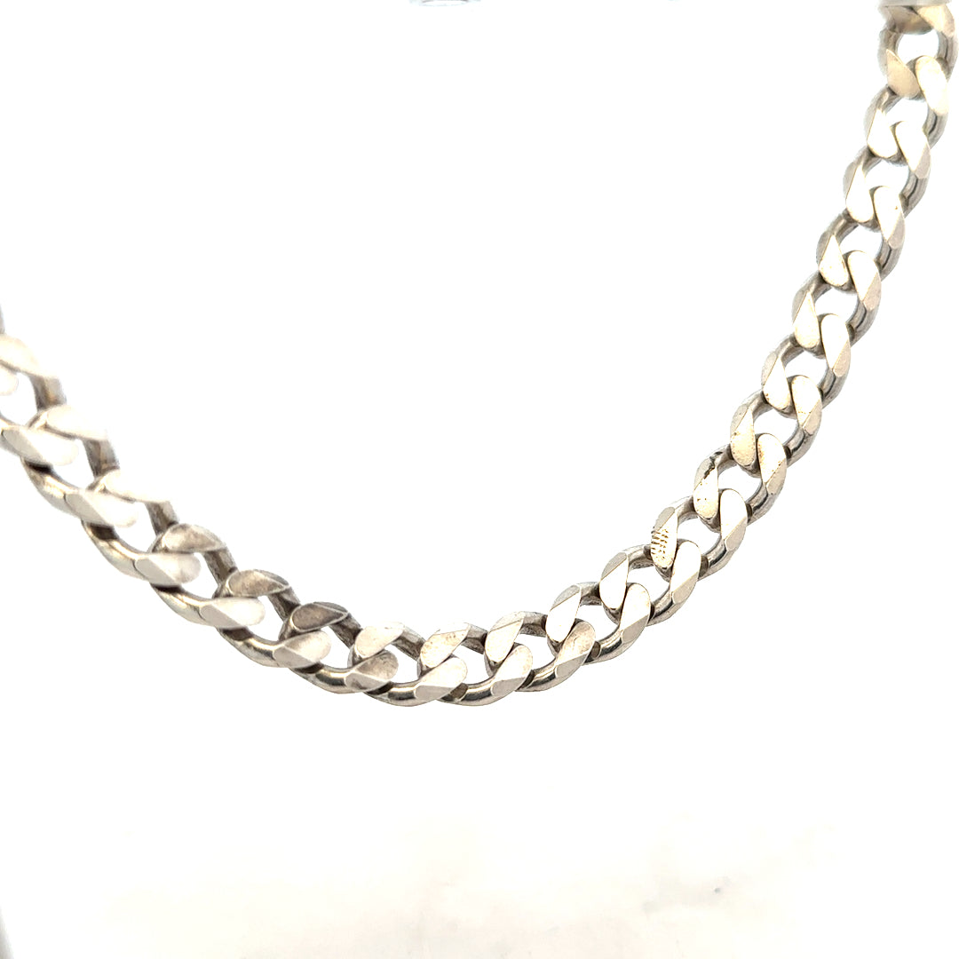 Silver curb chain weighing 96.3g, unbranded jewelry chain with a sleek, polished design, shown laid flat against a neutral background.