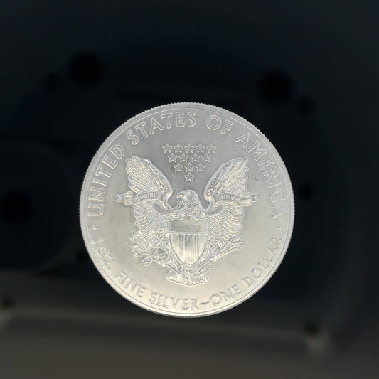 Silver one dollar coin, 31.2g, unbranded, featuring detailed engravings on the front and back, crafted from shiny silver.