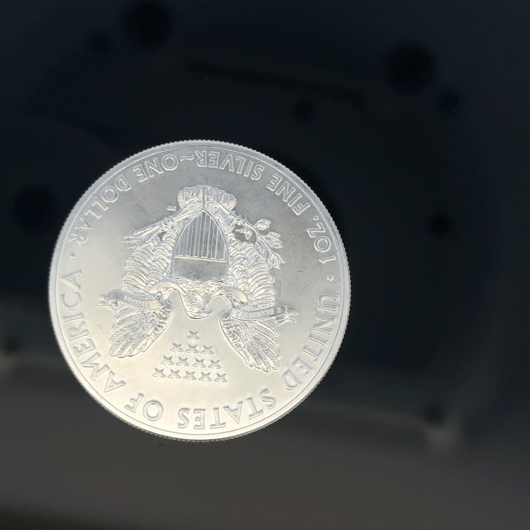 Silver one dollar coin, 31.2g, unbranded, with detailed engravings visible on the shiny silver surface.