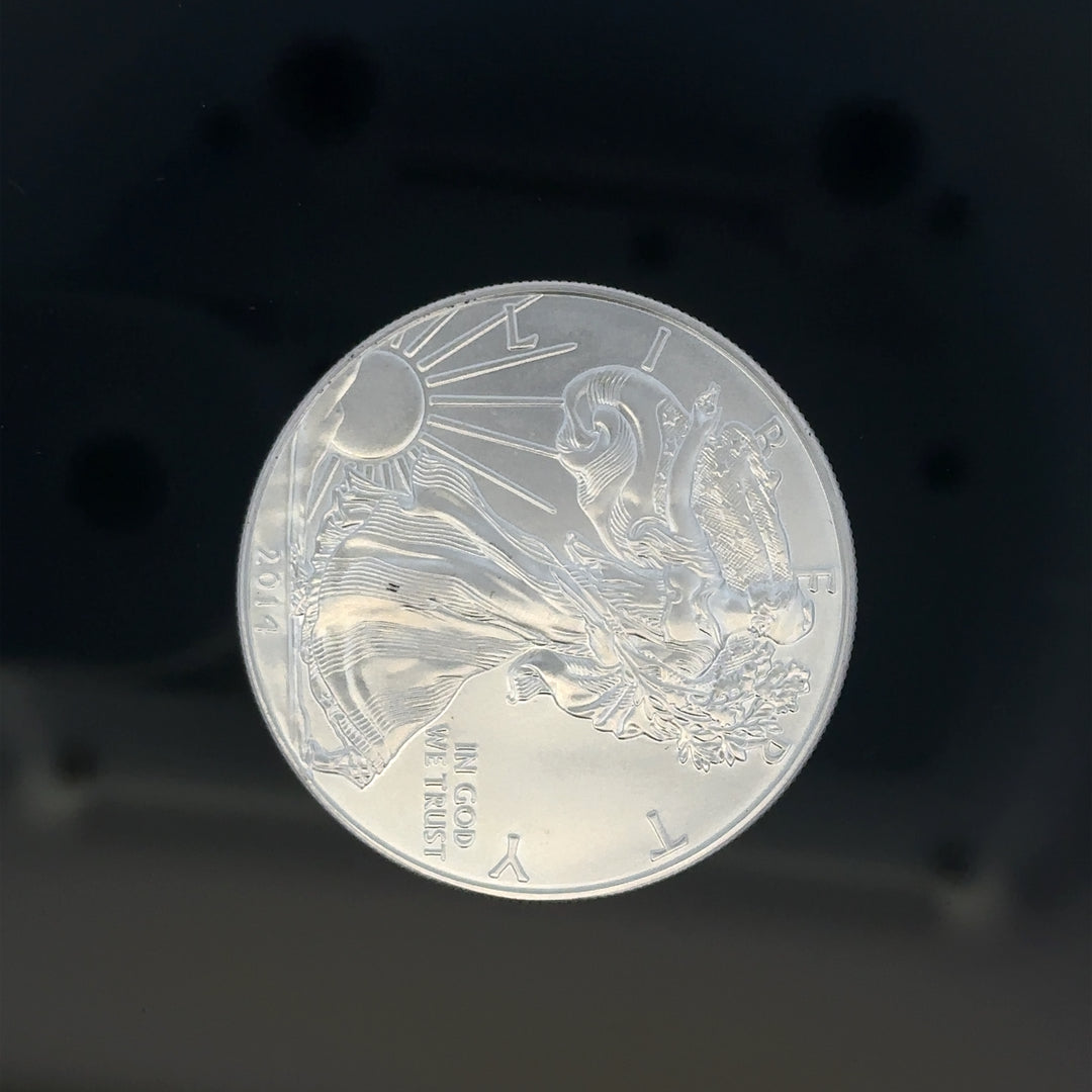 Silver one dollar coin weighing 31.2g with detailed engravings, unbranded, shown in a close-up image.