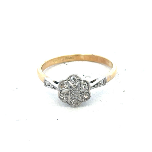 Vintage 18ct yellow gold and platinum diamond ring with intricate design and sparkling diamonds, unbranded jewelry piece.