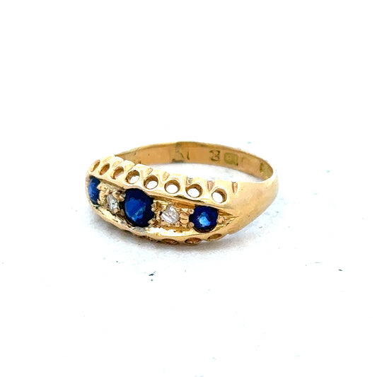 Vintage 18ct yellow gold sapphire and diamond ring with intricate design, unbranded jewelry piece showcasing vibrant gemstones.