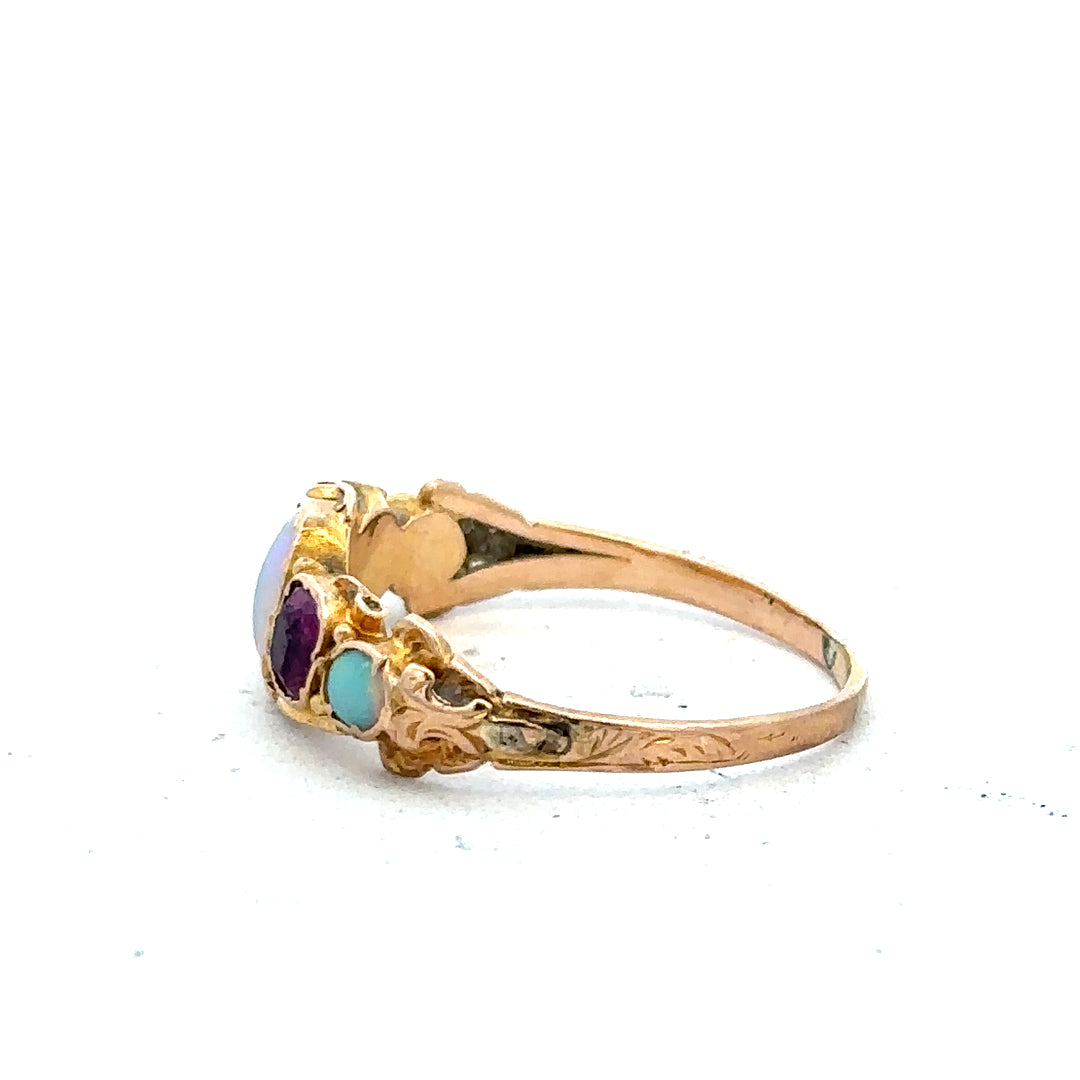 Vintage gold ring in size N with intricate design, unbranded, shown close-up on a plain background.